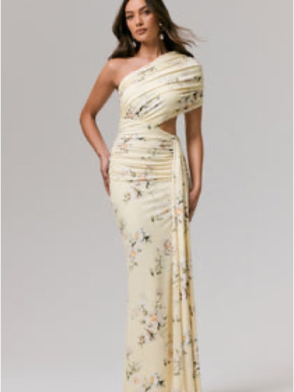 Club L London One-Shoulder Floral Cutout Dress in Pale Yellow